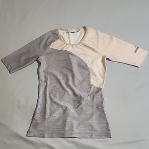 Adidas by Stella McCartney Striped Colorblock Short Sleeve Top - Beige & Gray